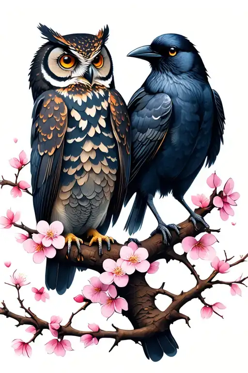 owl and crow on a thorny branch with cherry blossoms looking at each other  tattoo design idea