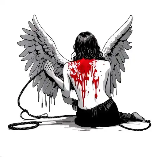 The girl on the knees from the side of the back prays the statues of the angel, the back is all in the blood from the flogging, the whip lies nearby tattoo design idea