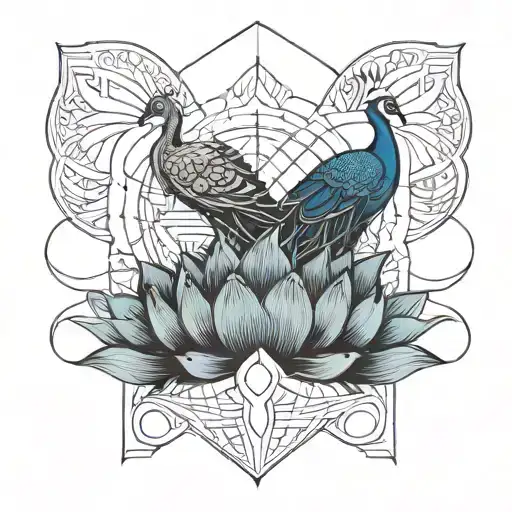 lotus and peacock feathers intertwined tattoo design idea