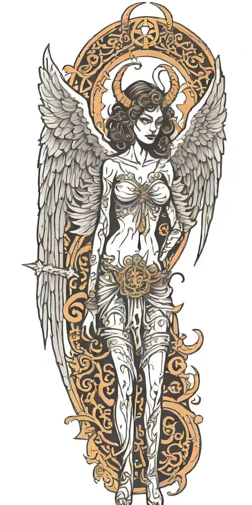 A small chested woman with angel wings and devil horns, standing at the gates of hell tattoo design idea