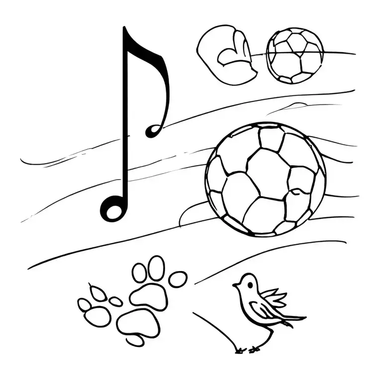 a music note, a soccer ball, a world, a dog paw and a robin bird tattoo design idea