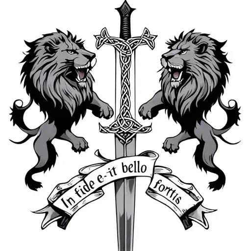 "In fide et in bello fortis " use gotihic font and and a mix of Celtic and old Christian symbolism. Possibly depicting 2 lions either side of a sword tattoo design idea