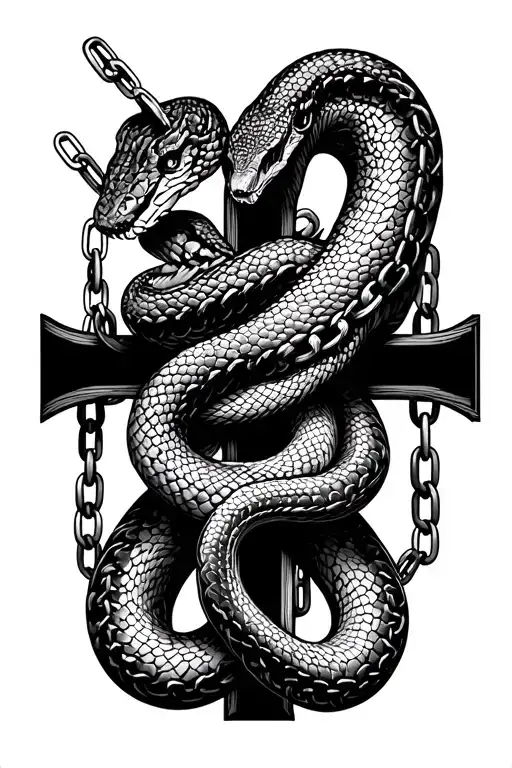 A snake positioned in a cross-like shape with chains wrapped around its body old school tattoo tattoo design idea