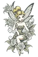 tinker bell with flowers like a storybook illustration pin up  tattoo design idea