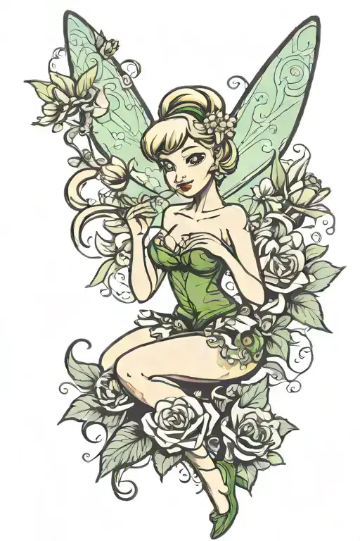 tinker bell with flowers like a storybook illustration pin up  tattoo design idea