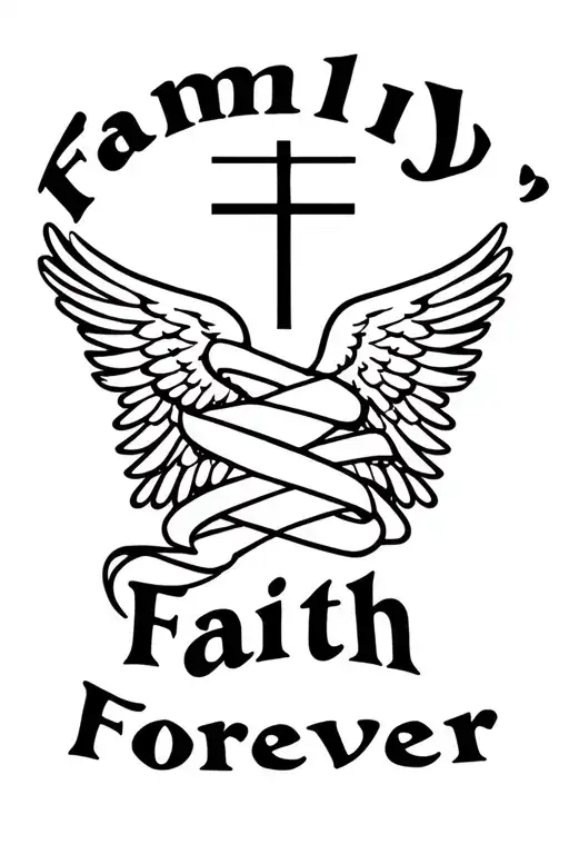 "Family Faith Forever" Cross Angel Wings wrapped loosely wrapped tattoo design idea