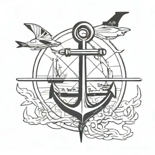 Aircraft carrier Anchor, cross, ships helm, helium atom, wings tattoo design idea