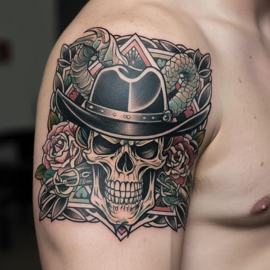 Dragon-headed hilt facing forward facing cowboy skull tattoo design idea