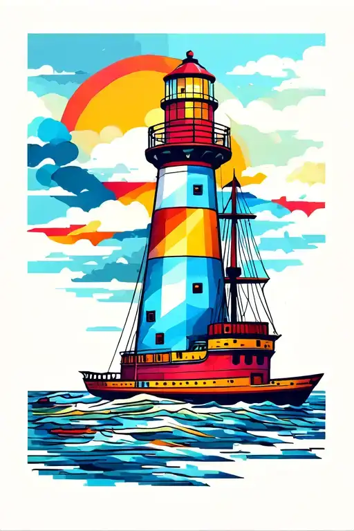 colorful lighthouse and ship tattoo design idea