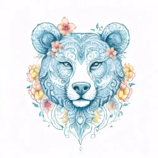 paisley bear head flowers intertwined tattoo design idea