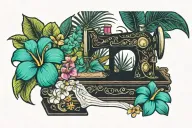sewing machine palm tree wave rainbow plumeria hawaii tattoo design idea