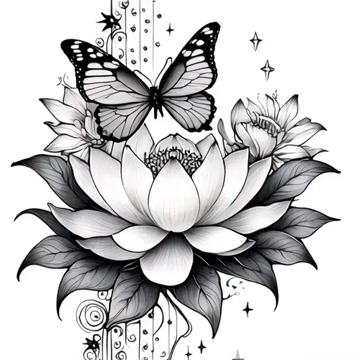 spine tattoo lotus flower butterfly's flowers and stars vertically going down the spine tattoo design idea