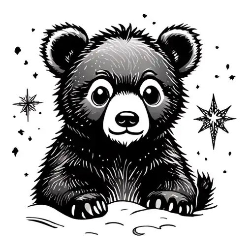 cute bear cub and north star tattoo design idea