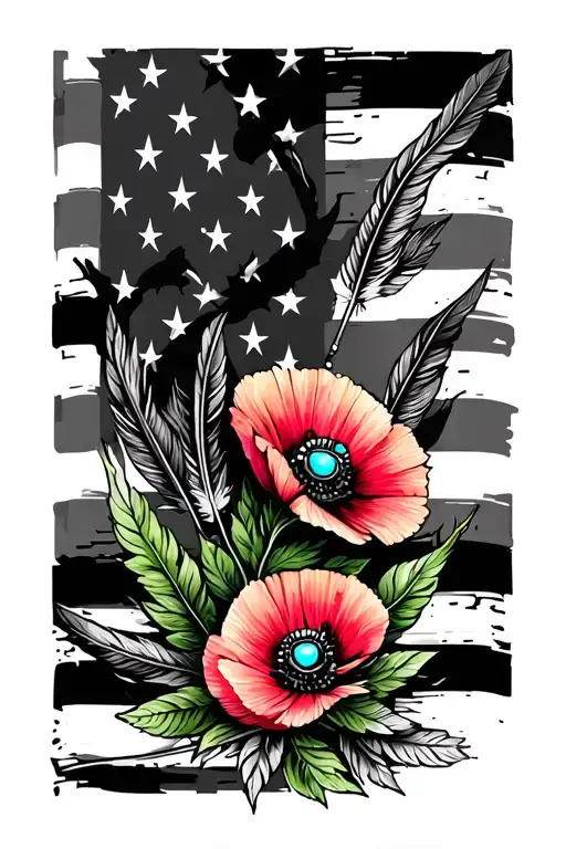 american flag downward spiral, colorful feathers, arrow, small poppy flower, turquoise jewlery, green leaves tattoo design idea