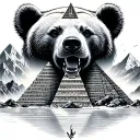mountain peaks and small bear with optical illusion of egyptian pyramid with tribal below tattoo design idea