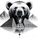 mountain peaks and small bear with optical illusion of egyptian pyramid with tribal below tattoo design idea