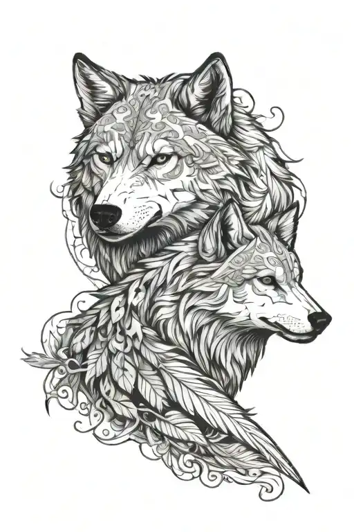 a wolf and a white raven 3/4 sleeve tattoo design idea