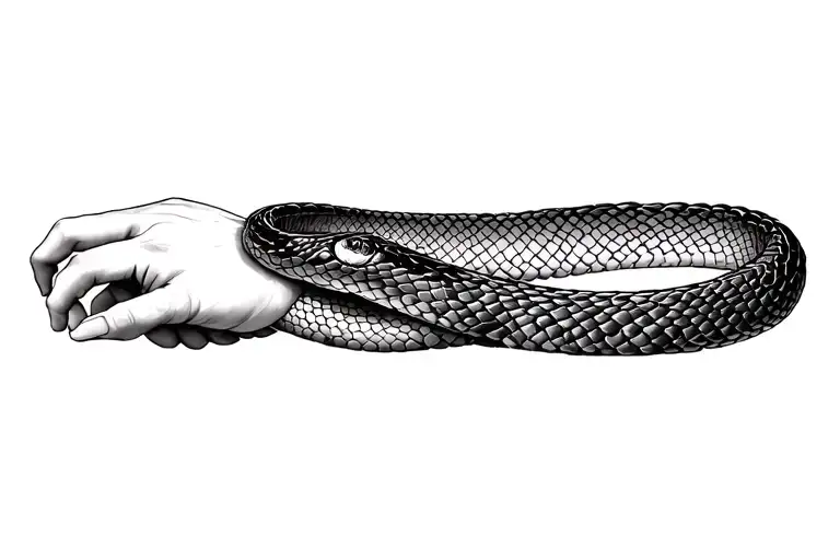 Top-down view of a continuous ouroboros snake forming a seamless bracelet around a human wrist, realistic reptile scales tattoo design idea