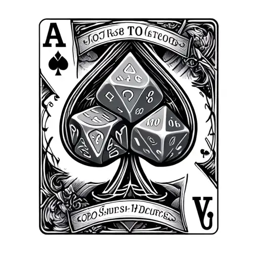 Ace of spades card featuring D&D dice set and birth date 3D  tattoo design idea