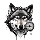 wolf face  with compass and sand clock colored tattoo design idea