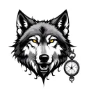 wolf face  with compass and sand clock colored tattoo design idea