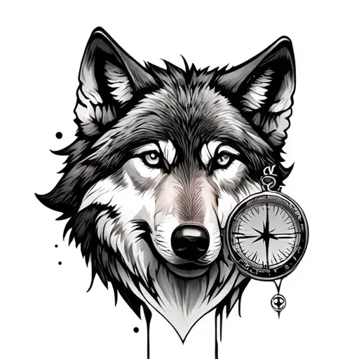 wolf face  with compass and sand clock colored tattoo design idea