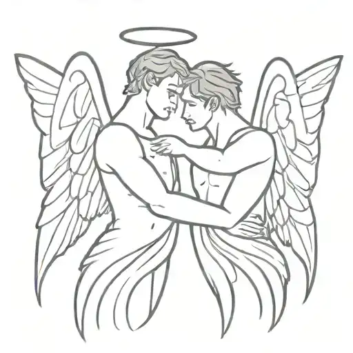 Two male angels hugging with butterfly wings tattoo design idea