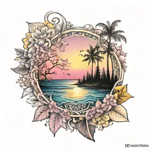 mandala forest and ocean pink and yellow sunrise tattoo design idea