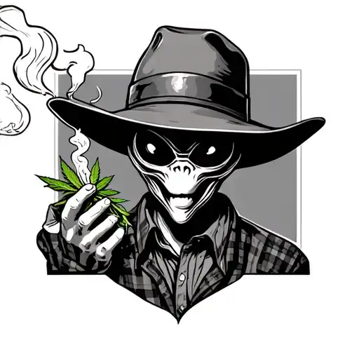 Alien Smoking Weed joint with cowboy hat and flannel shirt tattoo design idea