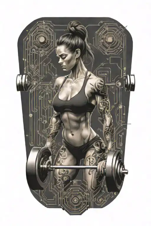 bodybuilder muscular women deadlifting with technology circuits vectors board merging tattoo design idea