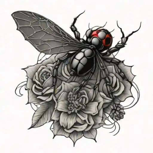 black widow spider with web and flowers tattoo design idea