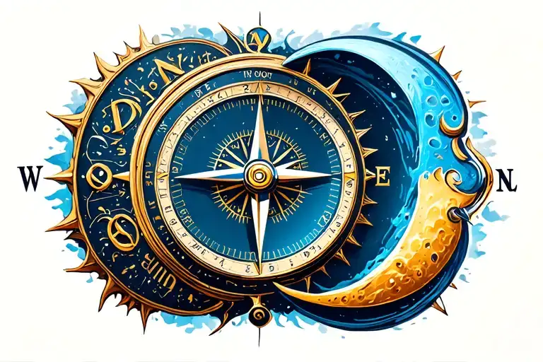 compass timepiece love sun moon tattoo design idea
