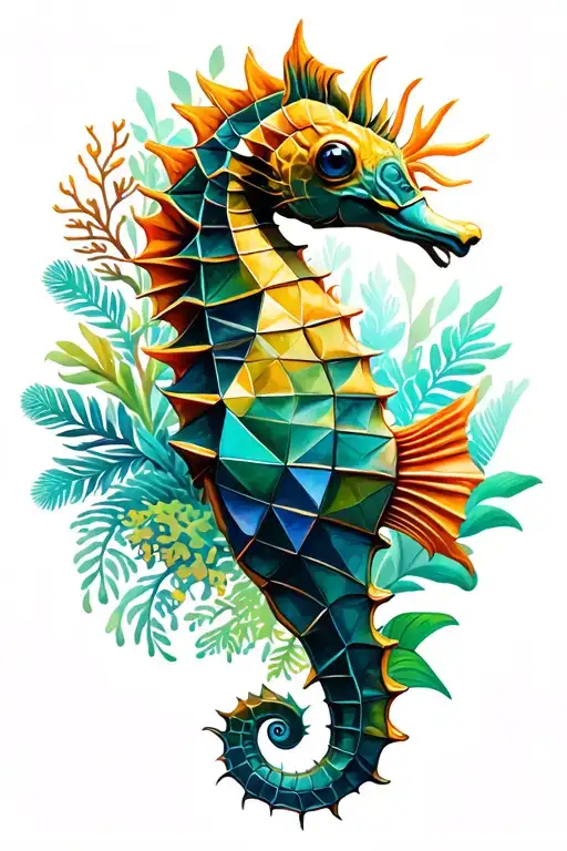 Seahorse at the center with geometric designs behind like coral reef, fish, greenery then transition into jungle theme tattoo design idea