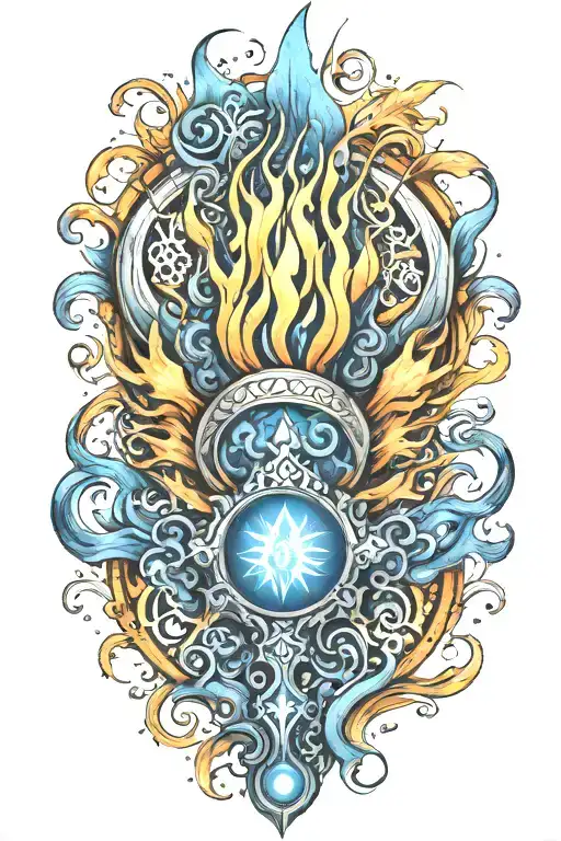 BLUE FLAME FOREARM TATTOO WITH GAYETRI MANTRA tattoo design idea