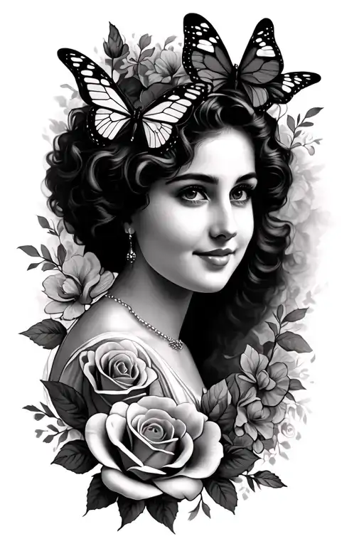 memorial tattoo for grandmaname was Mildred and she passe on July 3 2017 incorporate butterflies and roses no face portr tattoo design idea