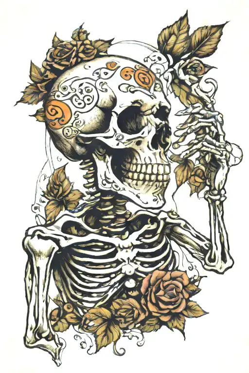 a skeleton in a half-turn, finger is pressed to her lips in a gesture of "quiet", framed by nightshade tattoo design idea