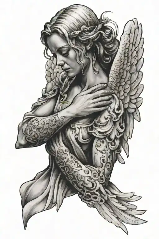 crying angel holding tattoo design idea