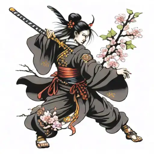 samurai woman with sakura full length tattoo design idea