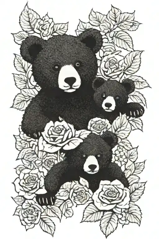 ivy vines rose bear cub faces tattoo design idea