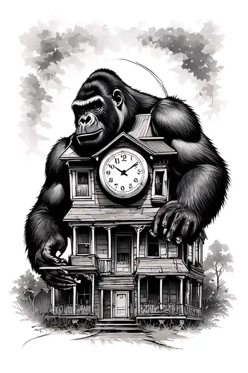 gorilla, clock, night time , abandoned house tattoo design idea