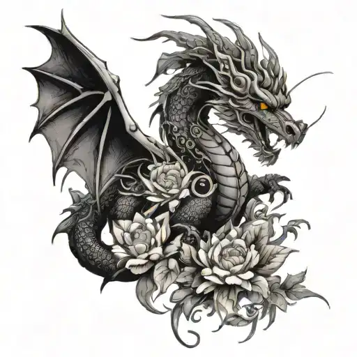 a black dragon, between it a nine-tailed fox and between them flowers tattoo design idea