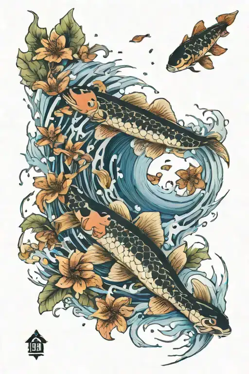 hurricane surrounded by picses koi fish swimming tattoo design idea