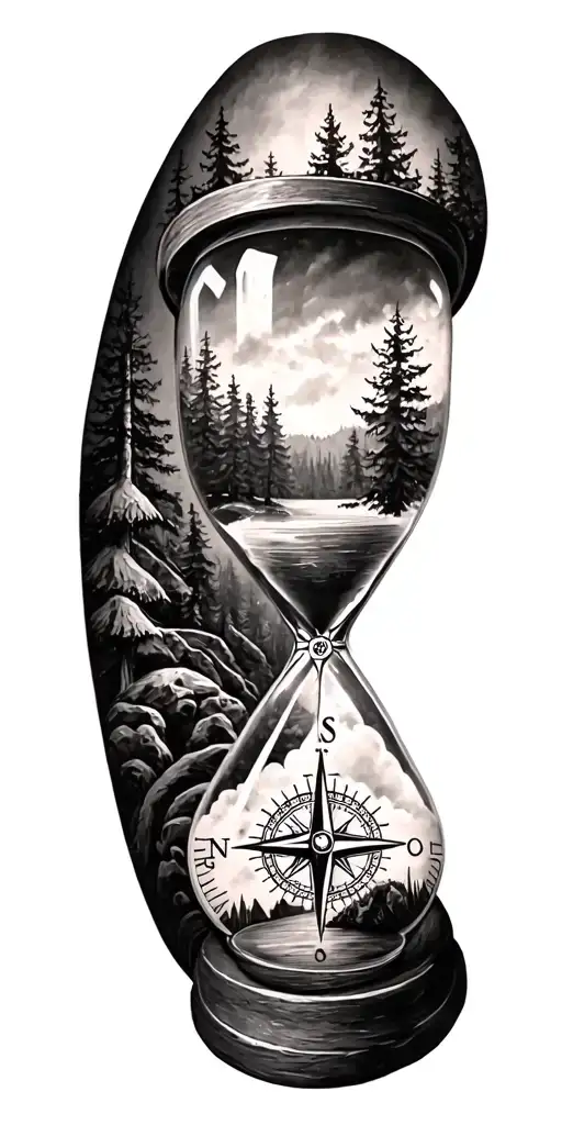 family and forest and hour glass and compass tattoo design idea