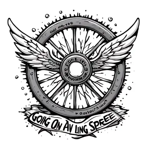 wheel with wings coming from center of wheel with the phrase going on a living spree incorporated  tattoo design idea
