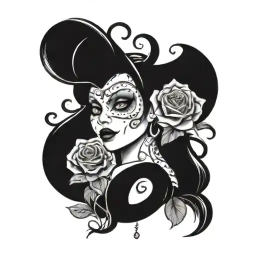 Medusa beside a Sugar Skull with roses and Maleficent in a bed of flowers tattoo design idea