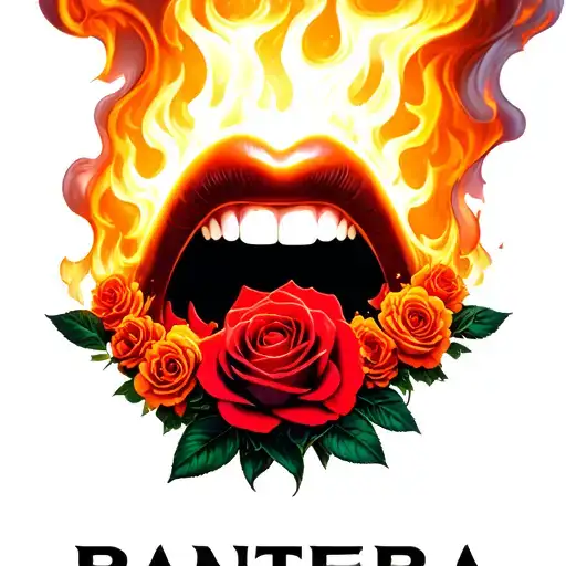 "PANTERA" "PANTERA" "PANTERA" An abstract design of a mouth breathing out fire with roses blooming from the flames tattoo design idea