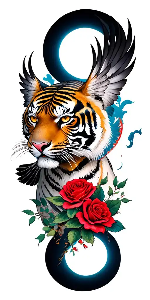 rose dove flying tiger face samurai warrior moon surrounded tattoo design idea