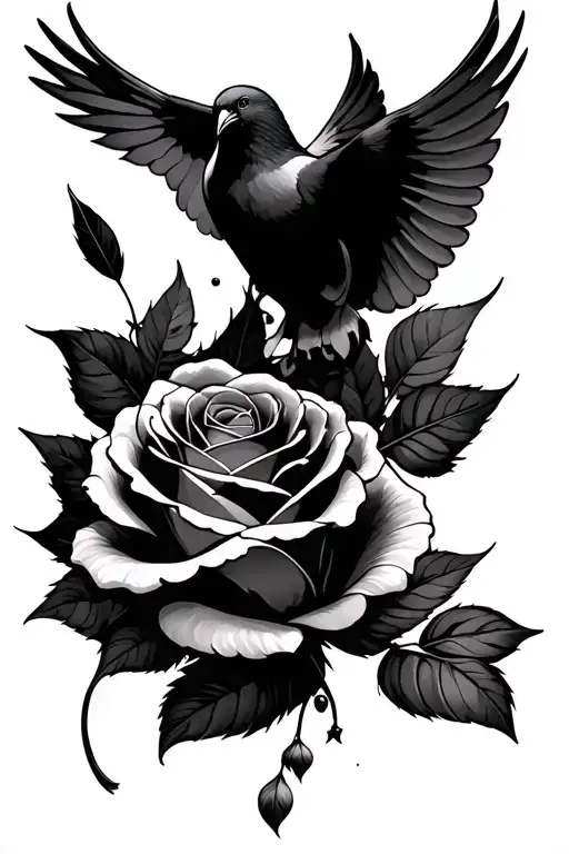 Rose, a feather falling and a dove flying away make friends tattoo design idea