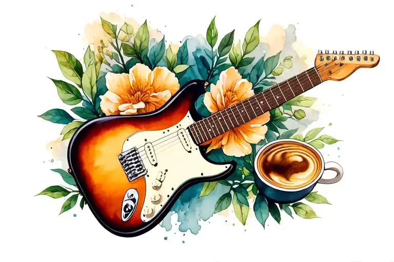 cross, coffee, electric guitar tattoo design idea