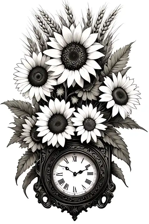 sunflowers and daisies being the main pieces a small old clock and wheat grass  tattoo design idea